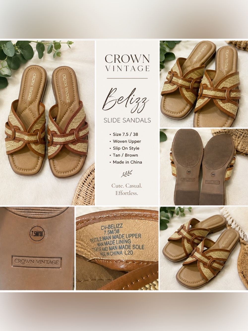 Crown Vintage Belizz Woven Slide Sandals Tan Brown Size 7.5